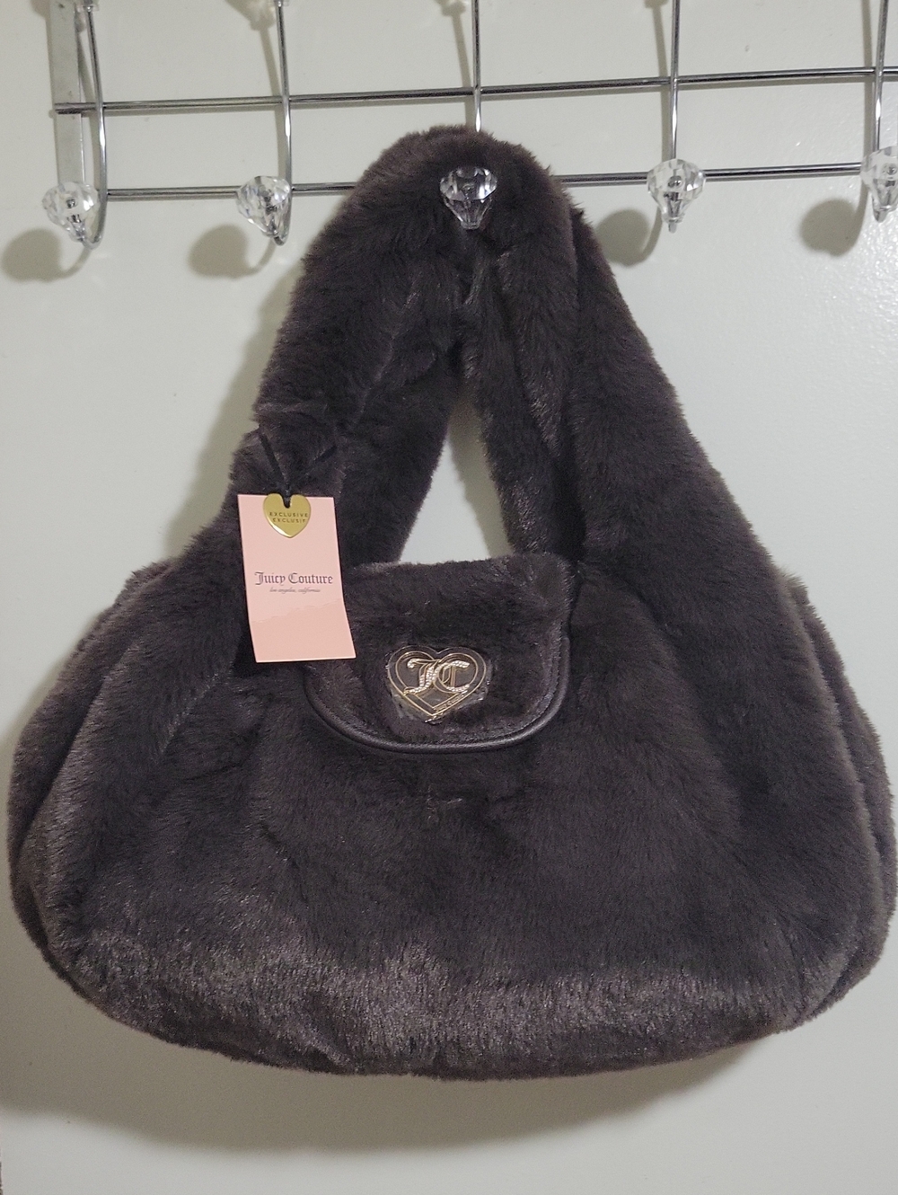 Juicy Couture Dark  Chocolate Faux Fur Shoulder Bag with Heart Logo